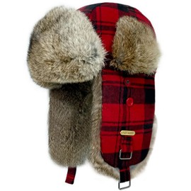 HEYANN Trapper Hat,Warm Real Rabbit Fur Fuzzy Trooper Ushanka Russian Bomber Eskimo Pilot Winter Hats with Ear Flaps for Men and Women(RedPlaid,M)