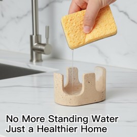 Soporte de esponja de travertino natural para mostrador de cocina, doble ranuras, estante de secado, organizador de esponja para fregadero, soporte de esponja para encimera, 2 ranuras