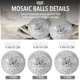 4 in Decorative Orbs Glass Balls Set of 3,Mosaic Sphere globe for Whole Housewares,Wedding/Birthday,Bowls,Vases Dining Table Centerpieces (Silver)