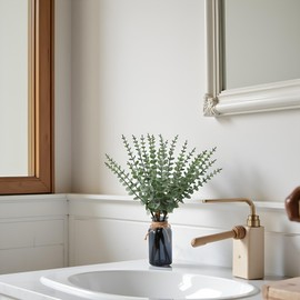 Leftover 18.8" Artificial Eucalyptus Stems in Black Glass Vase,Fake Plant Eucalyptus Plant for Centerpiece Table Decorations Black Bathroom Farmhouse Home Decor