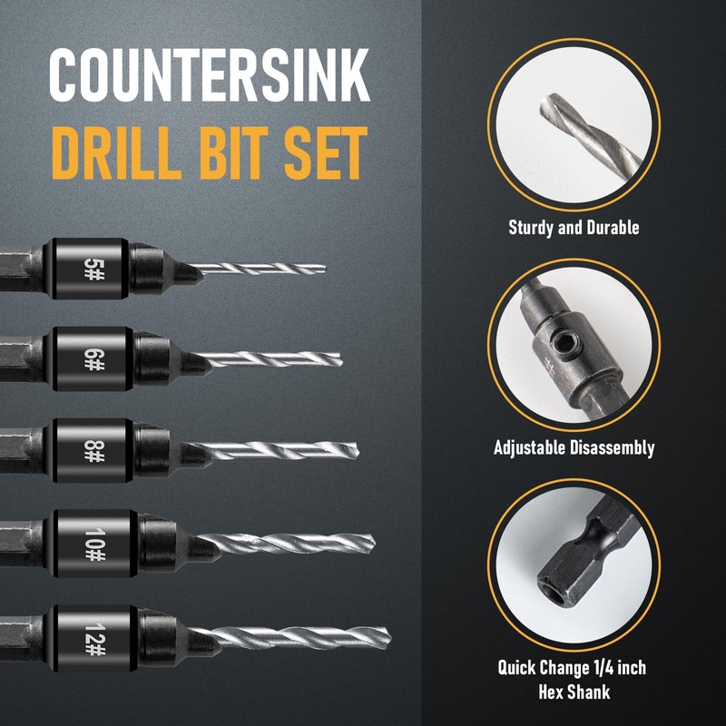 6 PCS Countersink Drill Bit Set, 5 PCS Quick Change