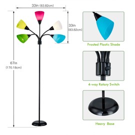 LTGSRC Medusa Modern Decor Floor Lamp, 5 Head Adjustable Gooseneck Lamps for Reading, Colorful Multiple Tall Standing Lamps for Living Room Bedroom Office Kids Classroom, Black, Bulbs Included