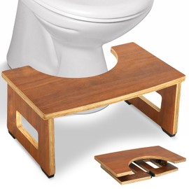 JACNITAD Foldable Toilet Potty Stool for Adults, 7 Inches Wood Portable Squatting Poop Foot Stool for Bathroom, Collapsible Non-Slip Toilet Step Stool Poop Stool- Gifts for Kids Seniors, Walnut Color