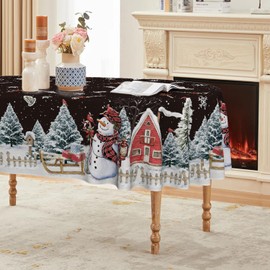 Horaldaily Christmas Tablecloth 60×84 Inch Oval, Winter Snowman House Christmas Trees Black Washable Table Cover for Party Picnic Dinner Decor