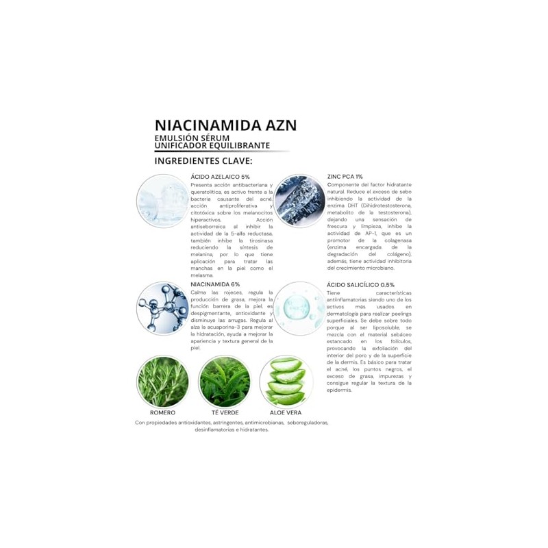 NIACINAMIDA AZN Emulsión Sérum Facial Unificador Equilibrante, 30 ml