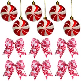 12Pcs Christmas Tree Ornament Set, 6Pcs Christmas Bows and 6Pcs Hanging Balls for Christmas Tree Decoration Wreath Making Supplies New Year Holiday Party Decor (Candy Style)