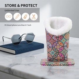 FlyingMage Plush Lined Eyeglasses Holder, Cute Magnetic PU Leather Glasses Stand Case for Women Men Kids (Multicolor Totem)