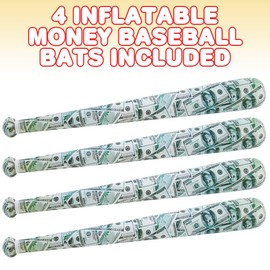ArtCreativity Money Baseball Bat Inflates for Kids, Set of 4, 40 Inch Durable Inflates, Cool Sports Birthday Party Favors, Decorations, and Supplies, Carnival Party Prizes