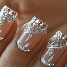 Square Press On Nails Short Fake Nails Rhinestone With Glitter Design Nude False Nails Full Cover Acrylic Stick On Nails Artificial Nails Glossy Glue On Nails For Women Manicure 24pcs