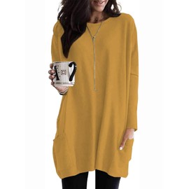 Naggoo Long Sleeve Shirts for Women Long Sweaters with Pockets Long Tunic Tops Loose Fit Casual Fall Dresses to Wear with Leggings Oversized Yellow M