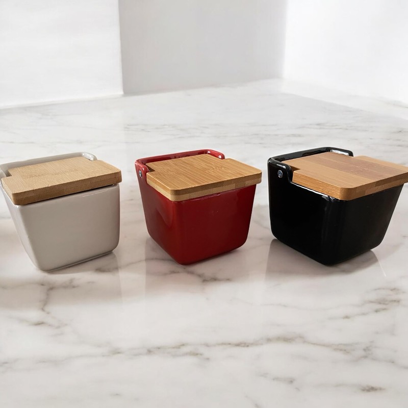 Ceramic Salt Jar with Bamboo Lid Square 8.8 x 8.8