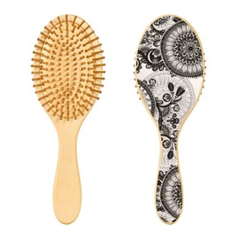 Paddle Brush Hair Brush, Round Wooden Pins Air cushion comb, Scalp massages Detangling Hair Hairbrush for Smoothing Hair Print Floral Ethnic Abstract Seamless Flowers Black White