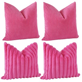 JOTOM Set of 4 Striped Corduroy Throw Pillow Covers 45x45 cm Faux Fur Plush Cushion Covers Couch Sofa Decorative Throw Pillow Case Striped Soft Pillowcase Pillow Covers for Bed Home Decor (Hot Pink)