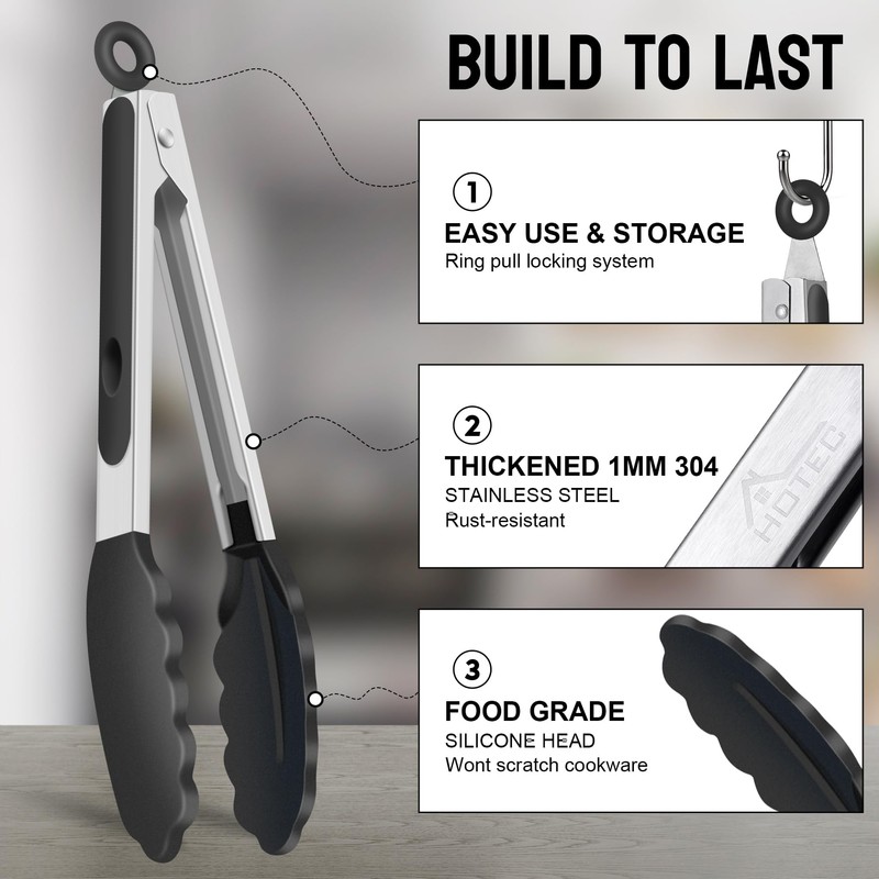 HOTEC Premium Stainless Steel Locking Kitchen Tongs with Silicon Tips,