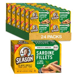 Season Sardines in Olive Oil - Skinless & Boneless, Wild Caught, 22g of Protein, Keto Snacks, More Omega 3's Than Tuna, Kosher, Premium Quality, Canned Sardines - 4.37 Oz Tins, 24-Pack