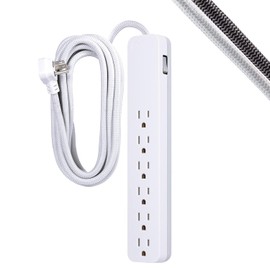 GE 62937 - Protector de sobretensiones de 6 Tomas, Cable de extensión Trenzado de 15 pies, Tira de alimentación, 840 Julios, Enchufe Plano, listado ETL, Color Blanco