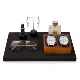 Oirlv Solid Wood Double Watch Display Stand Showcase Jewelry Stand Watch Holder with Pillow(Square Double, Grey)