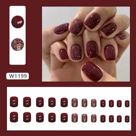 Red Press on Nails Short Square Fake Nails Wine Red Acrylic Nails Short Glue on Nails Elegant Red Glitter Designs Full Cover Solid Color Wine Red Shiny Oil Square False Nails Set for Women Girls