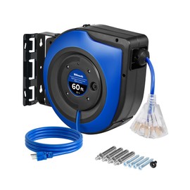 WILAWELS Retractable Cord Reel, 60 FT Heavy Duty Extension Cord, 12AWG/3C SJTOW, 3 Grounded Outlets Lighted Triple Tap, 15A Circuit Breaker, Wall/Ceiling Mounted, UL Listed, Blue U60CR06
