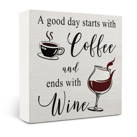 OVAcational Coffee And Wine Desk Decor Wooden Box Sign,Wine Decor For Kitchen,Wine Decor,Coffee Bar Decor,Coffee And Wine Bar Sign Decor For Desk Shelf Tabletop Decoration 5x5 Inches