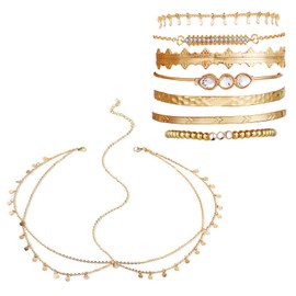 XoeLLe 8 Stück Wahrsagerin Accessoires, Wahrsagerin Kopfschmuck + 7 Stück Armbänder gold Armketten, Wahrsagerin Kostüm, Damen Faschingskostüm Accessoires für Fasching Karneval Mottoparty Cosplay