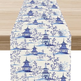 Japanese Table Runner, Blue Vintage Traditional Landscape Ink Painting Oriental Chinese Asian Style Chinoiserie Coffee Table Center Decor for Home Kitchen Dining Country Table Decorations, 13" X 36"