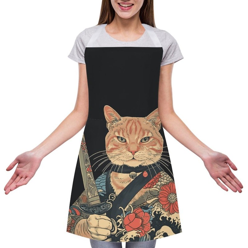 GTABVECT Japanese Samurai Cat Aprons Adjustable Aprons with Pockets Cooking