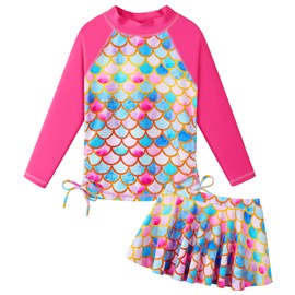 BAOHULU Girls 2-Piece Rash Guard Swimsuit Long Sleeve Bathing Suit with Swim Skirt UPF50+ Kids Beach Swimwear 2-12Y S495_PinkBlueScale_12A