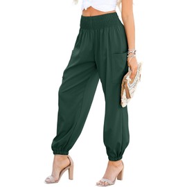 Dokotoo Women's Summer Pants Long Smocked Runching High Waisted Carrot Trousers Cargo Wide Leg Work Boho Loose Hippie with Pockets Plus Size,Black Small,Blackish Green Small
