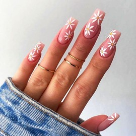 Brishow Pink False Nails Long French Nails for Sticking Press On Nails with Flowers False Nails Bellarina Acrylic 24 Pieces for Women and Girls (b)