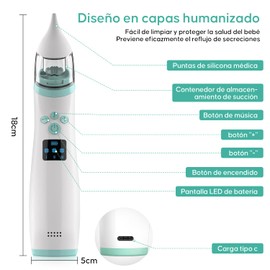 AI-PIKA Limpiador Nasal Eléctrico para Bebés, Extractor de Mocos para Bebe con 3 Niveles de Succión Ajustables, Quitamocos bebe con música y luz, 2 Cabezales de Silicona, Carga USB