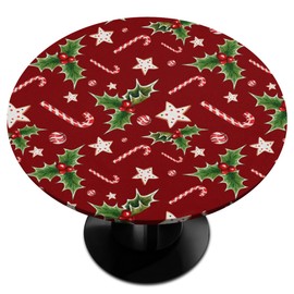 Christmas Candy Holly Leaf Decor Round Fitted Tablecloth with Elastic Edge Fitted Table Cover Wipeable Round Table Cloths for Patio Parties Outdoor Dining Holidays Decor (Fit for 45"-50" Table)