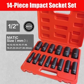 TONYNOL 1/2 Inch Deep Drive Impact Socket Set,12-Point,Metric (10mm-32mm),14 Pcs,Cr-Mo Steel,With a Storage Case