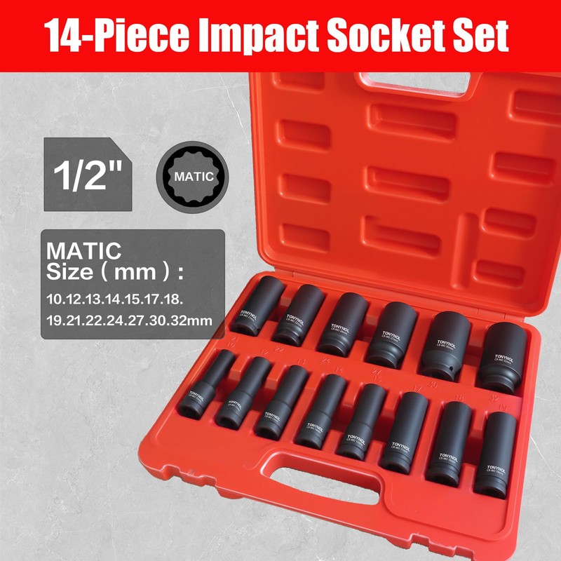 TONYNOL 1/2 Inch Deep Drive Impact Socket Set,12-Point,Metric (10mm-32mm),14 Pcs,Cr-Mo