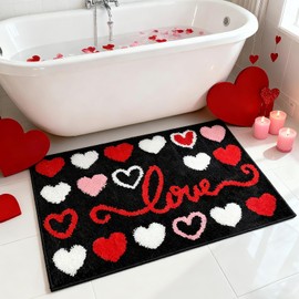 APROPHIC Valentines Bathroom Rugs, Red Pink White Love Heart Valentine Bathroom Tub Mat, Valentine's Day Anniversary Non Slip Absorbent Soft Bath Rug, Festival Door Outdoor Home Decor 20x30 in, Black