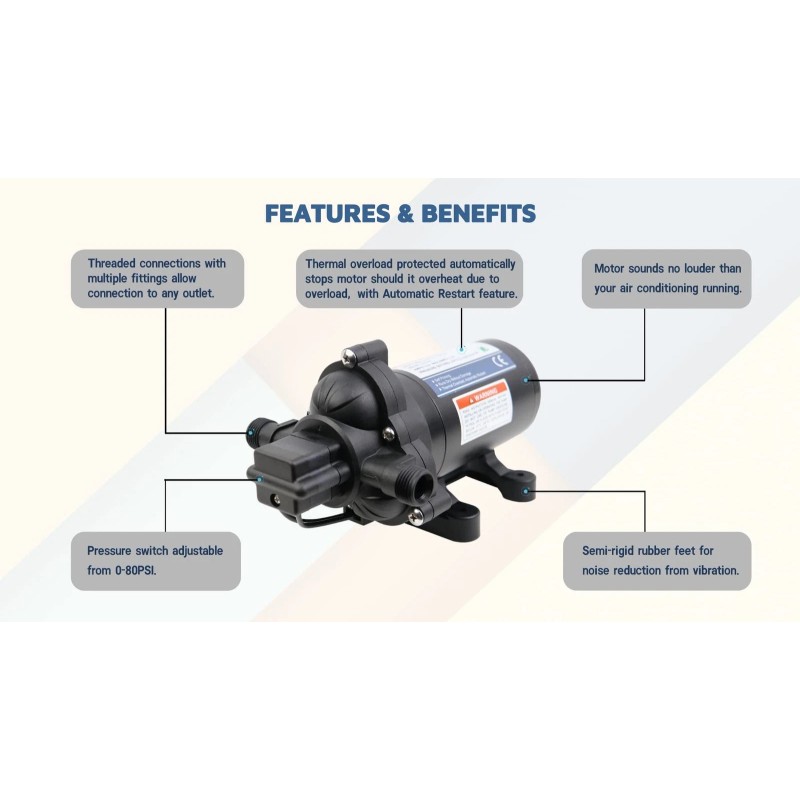 KENCIT T33 Automatic On-Demand Diaphragm Pump 115Vac, 4.0GPM, 45PSI, Industri...