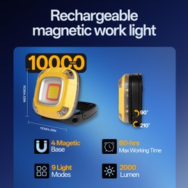 Gabujau Magnetic Work Light, 10,000 mAh Rechargeable LED Portable Lamp, 2,000 Lumen Floodlight, 9 Light Modes with 1/4" Threaded Port for Machinist Auto Underhood Outdoor Camping