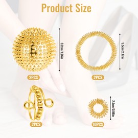Pack of 16 Anti-Stress Toy Skills Set, 10 Acupressure Ring, 2 Massage Rings for Fingers, 2 Acupressure Bracelets, 2 Stress Toys for Stress Relief Adults and Massage (Gold)