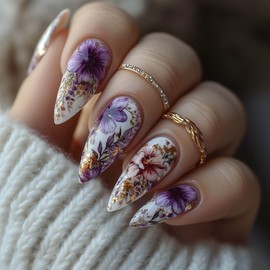 Purple Flower Press on Nails Medium Length Fake Nails Almond False Nails with Gold Foil Designs Summer Glue on Nails Glossy Full Cover Artificial Nails for Women Girls DIY Manicure 24Pcs