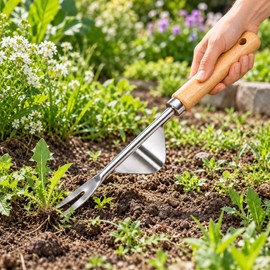 Wooden Handle Hand Weeder for Garden Weed Removal – Stainless Steel Root Extractor for Lawns & Garden Beds