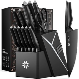 Kitchen Knife Sets with Block -15 PCS Knife Set with Bulti-in Sharpener, Dishwasher Safe, Stainless Steel Kitchen Knife with Ergonomic Handles, Sharp knives for Men and Women,Black