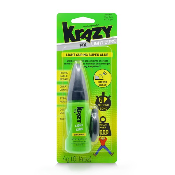 Krazy Fix Light Cure Super Glue with Fast Curing LED Light, 5 Second Bond, Repair Glue for Eyeglass Frames, Phone Cables, Costume Design and More, 0.14 oz