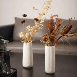 White Ceramic Vase - Modern Design Vase, Ribbed Vase for Living Room Decoration, Flower Vase Large or Small, Decorative Aesthetic (Straight)