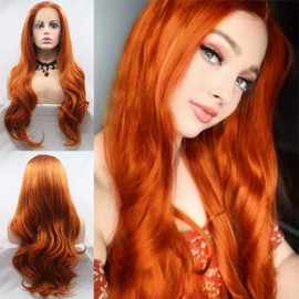 Ginger Orange Wig Honey Orange Lace Front Wig for Women Realistic Long Wavy Glueless Soft Pre Plucked Loose Curly Synthetic Heat Resistant Fiber Wigs Beauty Blogger Daily Cosplay Costumes Queen Gift