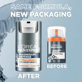 L'Oreal Men Expert Sensitive Skin Moisturiser, Magnesium Defence, Hypoallergenic 24H Daily Mens Moisturiser, With Magnesium Mineral And Hyaluronic Acid, 50ml