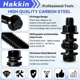 Hakkin 248PCS Flanged Hex Head Bolts, Black Metric Bolt m6 m8 m10 Machine Screw Assortment Kit, M6-1.0 M8-1.25 M10-1.5 Flanged Bolts Screws Nuts Flat Spring Washers, Assorted Screws Nuts and Bolts