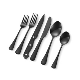 VEVOR 48-Piece Black Silverware Set with Steak Knives, Food-Grade Stainless Steel Flatware Utensils for 8, Mirror Finished Cutlery Set, Dishwasher Safe Eating Tableware for Kitchen Home, Service for 8