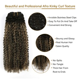 ABH AMAZINGBEAUTY HAIR Afro Curly Clip in Hair Extensions Real Human Hair 4A 4B Curly Clip ins for Black Women 120g 7 Pieces 17 Clips, Ombre Highlight 1B to Honey Blonde 12 Inch