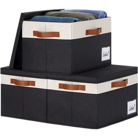 GhvyenntteS Extra Large Storage Bins with Lids, Foldable Fabric Storage Boxes with Lids and 3 Leather Handles, Storage Baskets with Label Window for Home (3 Pack, Black, 15.75" x 11.8" x 10.2")