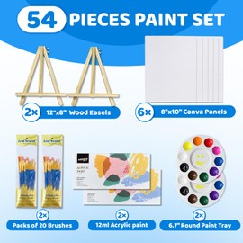 54PCS Acrylic Paint Canvas Set, Acrylic Painting Kit with 2 Pack of 12 Colors Acrylic Paint, 2 Sets of Wooden Easels, 6 Canvas, 20 Brushes & 2 Palettes, Art Painting Supplies for Kids Adults Beginner